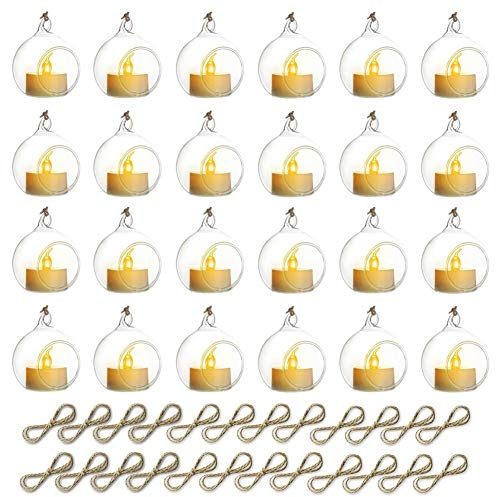 Sziqiqi Hanging Glass Globes Orbs Tea Light Candle Holders with Flameless LED Tealight for Wedding Ornaments, Wedding Birthday Christmas Party Centerpiece Accessory 2.36inch 20pcs +4 Extra