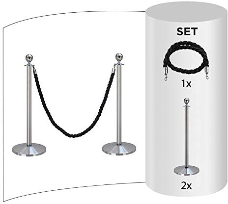2-delat set FLEXIBARRIER personledningssystem spärrning med sladd – bas (silver) snörstativ/avstängningsstativ (2 x stolpar 1 x svart sladd)