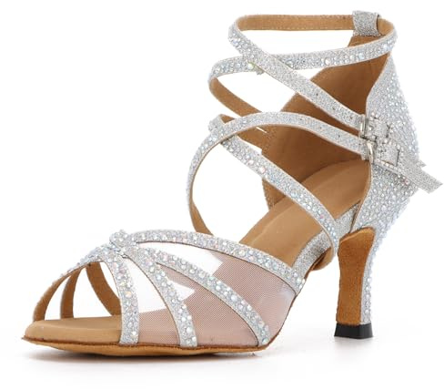 Syrads Zapatos de Baile Latino con pedrería para Mujer Salsa Tango Moderna Bachata Zapatos de Baile de Salón Suela blanda 1057-1