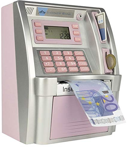 LB Mini Hucha Electrónica ATM Banco de Dinero Divertido para Niños Caja de Ahorros para Monedas y Billetes,Rosa(Versión Euro)