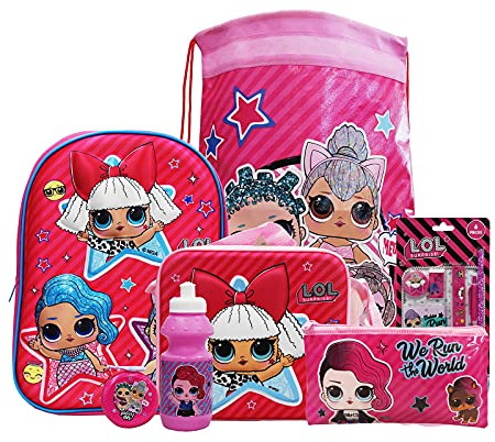 simpahome L.O.L Surprise 7PC Back to School Bundle - inc 3D Backpack, Drawstring Sports Bag, 3D Insulated Lunch Bag, Water Bottle, Coin Pouch, Pencil Case & Stationery Set.