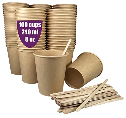 100 vasos desechables kraft de 240 ml / 8 oz, vasos de cartón kraft desechables con paletinas de madera para café americano, café con leche y refrescos. Para llevar
