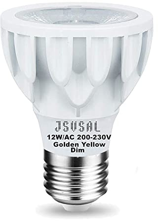 JSVSAL Lot de 1 ampoule LED PAR20 à intensité variable, 12 W AC 200 ~ 230 V, culot E26 PAR20, faisceau étroit, angle de faisceau de 24 degrés, équivalent à une ampoule halogène de 100 W (jaune doré -