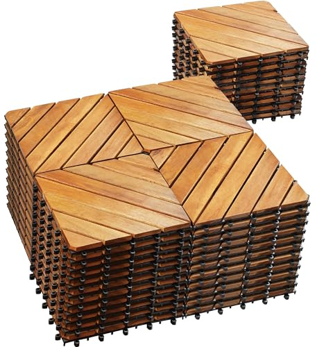 PrimeZone 54 PCS Solid Acacia Wood Interlocking Patio Deck Tiles - 12 x 12 Outdoor Waterproof Flooring Decor for Balcony, Backyard, Garden & Poolside, All Weather Use, Natural Wood, Diagonal