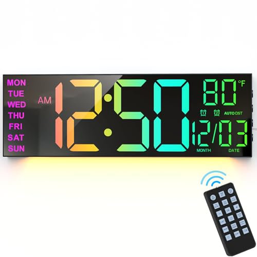 GOLOZA 16 Large Digital Wall Clock for Bedroom, Led Clock with Remote Control, Dual Alarms, 10 Brightness Dimmer, 8 Colors, 5 Volume, Auto DST, ℃/℉, Timer, Alarm Clocks Bedside for Heavy Sleepers