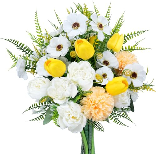 Fairblo Flores Artificiales Cerezo Ramo de Tulipanes Realistas Crisantemo para la Boda Decoración del Banquete de Boda del Jardín de la Casa