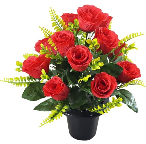Fleurs artificielles roses de pot pour le cimetière, roses de fleurs artificielles à faible entretien pour la tombe