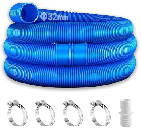 NHTJTHE 2 tubi per piscina blu da 32 mm per pompe da piscina con 4 clip di sicurezza e 1 connettore per tubo, tubo da 150 cm, 32 mm, per pompa filtro e piscina