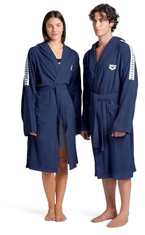 ARENA Team Stripe Unisex Bathrobe with Tie Belt and Pockets Soft Warm Robe for Pool Sauna Spa or Post Workout Comfort, Navy/White, Size Small
