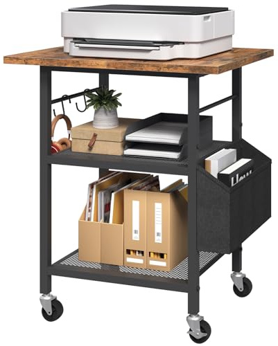 MAHANCRIS 3-Stöckiger Druckertisch, Rollcontainer, Druckerständer, Aufbewahrungsregal, Industriestil, Mit Seitentasche, Holzablage, 2 S-Haken, für Heimbüros Rustikalbraun und Schwarz APTHR2501
