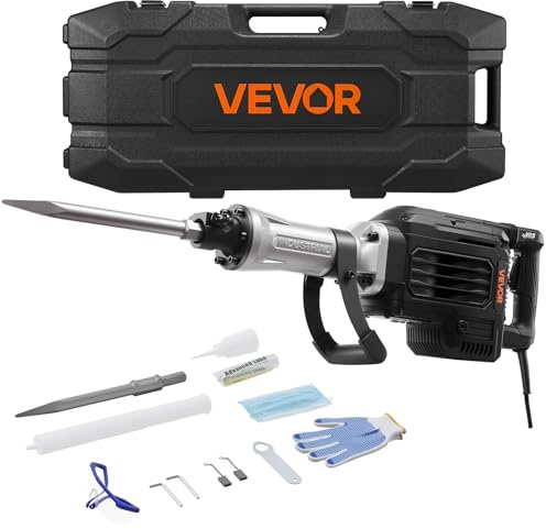 VEVOR Martillo Demoledor Eléctrico de 3000 W, 1700 BPM, con Cincel Puntiagudo, Estuche de Transporte, Guantes y Gafas de Seguridad, para Paredes Hormigón, Ladrillos, Azulejos y Cimientos, Negro