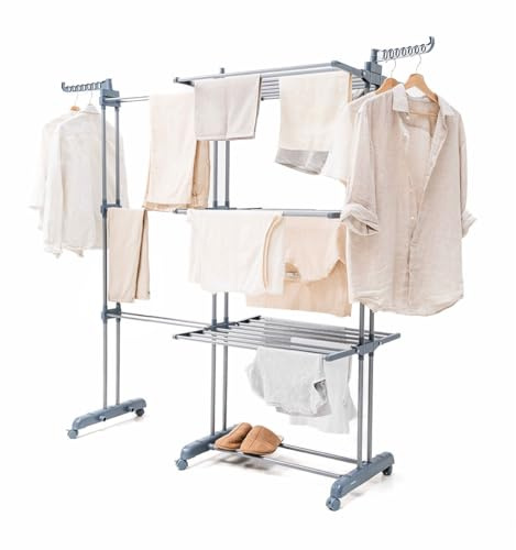 InnovaGoods® Étendoir Vertical Pliable Extensible séchoir Haute capacité avec 22 m d'espace pour étendre, 3 Niveaux avec 30 Barres métalliques, 6 Ailes, 2 Crochets pour cintres, Roues à 360° avec