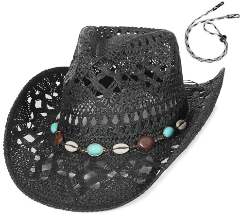 GEMVIE Straw Cowboy Hat for Women Ladies Summer Beach Straw Hat Shapable Brim Western Cowgirl Sun Hat Windproof with Turquoise Band and Chin Strap (Black+Band)