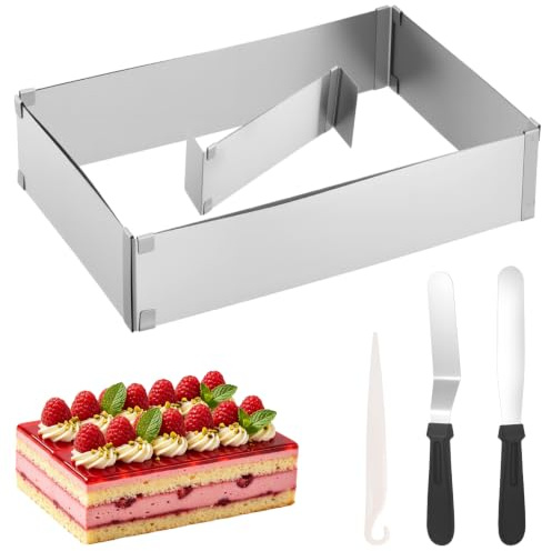 Zocipro Stampo Rettangolare Torta, Alta 8 cm, 27 x 18 cm, Estensibile Fino a 52 x 34 cm, Anello per Torte Regolabile Rettangolare Tortiera da Forno in Acciaio Inox per Torte Crostate Pizze