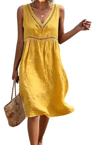 Onsoyours Robe D'Été Femme Longue Boheme Élégant sans Manches Midi Dress en Coton Lin Plage Décontractée Chic Trapèze Légère Fluide Robes Soirée