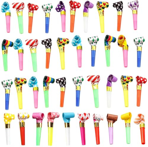 40Pcs Party Blowers Party Whistles Partys Bag Fillers Birthday Fun Toys | Blowers Suitable for Birthday party Carnivals and Celebrations Create Fun Party Sounds Mixed Colours & Patterns Sent Randomly