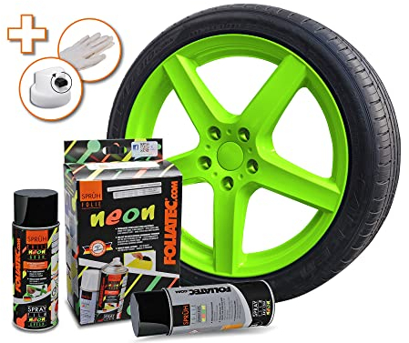 Foliatec Sprühfolie Auto Felgenfolie Sprüh Lack Set, Abziehbar, Gute Deckkraft, für KFZ, Haus, Garten, Neon Grün, 400 ml (2er Pack)