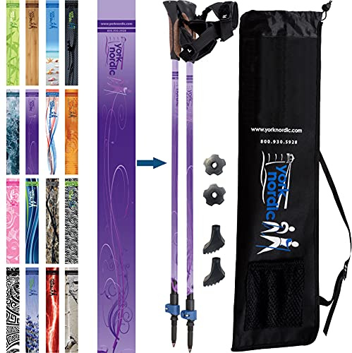 Official Nordic Walking Poles - True Classic Nordic Glove Grips, Lightweight, Adjustable, and Collapsible -2 Pieces w/flip Locks, Detachable Feet and Travel Bag by York Nordic - Heights 5'4-6'2