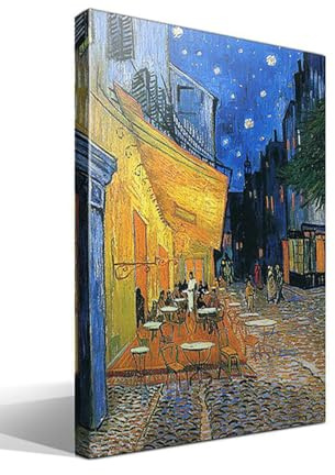 Cuadro wallart - Terraza de un Café en la Plaza Forum de Arlés por la Noche de Vincent Willem van Gogh - Impresión sobre Lienzo de Algodón 100% - Bastidor de Madera 3x3cm - Ancho: 55cm - Alto: 40cm