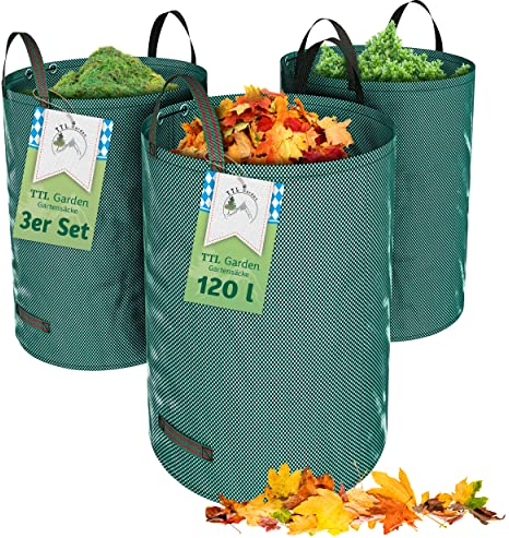 TTL Garden 3x 120L Gartensack - selbststehend 4 Griffe 150gsm extra stabil robust & faltbar - 3er Set 120 Liter Sack Behälter Laubsack Abfallsack für Gras Laub Hecke Gartenabfall Grünschnitt