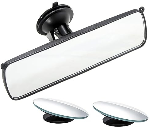 Rear View Mirror, 9.8 Universal Rearview Mirror, Car Interior Rear View Mirror with Adjustable Suction Cup, Car Inside Mirror for SUV, Vans, Trucks (Bonus 2 PCS Blind Spot Mirrors)