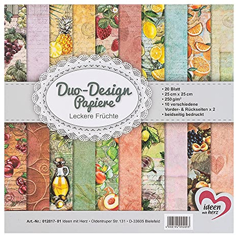 Ideen mit Herz Papier double design - Bloc de 20 feuilles de papier de bricolage - 25 x 25 cm - 250 g/m² - Impression des deux côtés - Papier design - Idéal pour le scrapbooking (fruits délicieux)