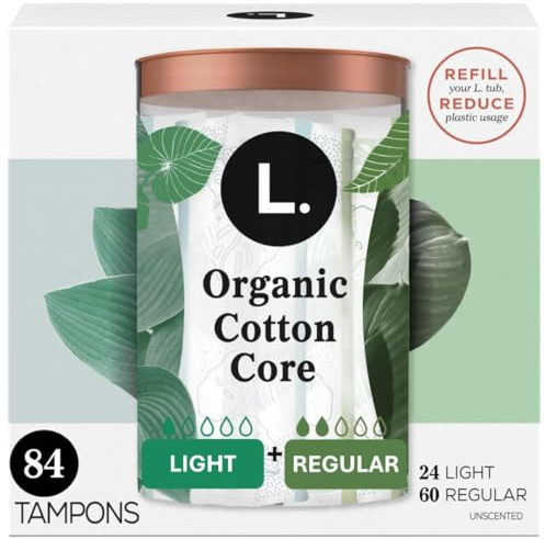 L. Cotton Tampons Light/Regular Absorbency Multipack, Contains an Organic Cotton Core, Made Without Synthetic Pesticides, or Fragrances, 84 Count (2 Packs of 42)