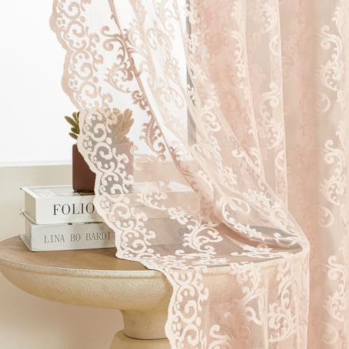 FOLKSIDE 2 Paneler skira viktorianska kashmir spets vintage franska blommönster gardiner för vardagsrum, sovrum, fönster, stångficka, 132 x 213 cm, rougerrosa