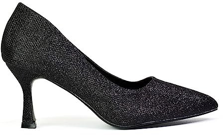 Womens Slip On Low Mid Heel Court Shoes Ladies Glitter Pointed Close Toe Dress Black Court Shoes Size 8