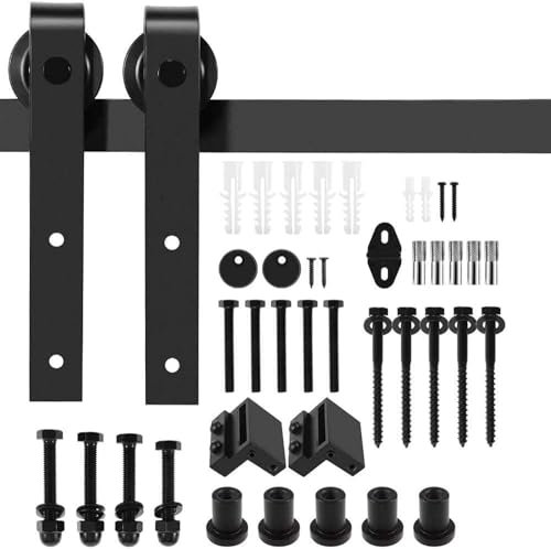 Black Barn Door Hardware Kit, Dulcii Heavy Duty Steel Slide Sliding Track Rail Hanger Roller 183cm Roller Door Hardware (Black, 6.6FT)