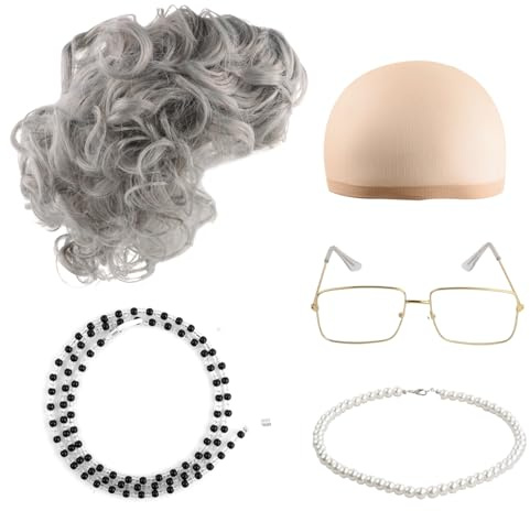 Wisebom Ensemble de Cosplay de Grand-Mère, 5Pcs Costumes de Vieille Dame avec Perruque de Mamie Grise Argent avec Bonnet, Perle Collier, Lunettes avec Chaîne pour Mascarade Carnaval