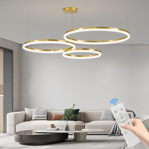 Mikeru Lampada a Sospensione LED Oro, Diametro 40+60+80cm, 3 Anelli, 85W, Funzione Memoria, 10%-100% Dimmerabile, Per Soggiorno, Sala da Pranzo, Cucina