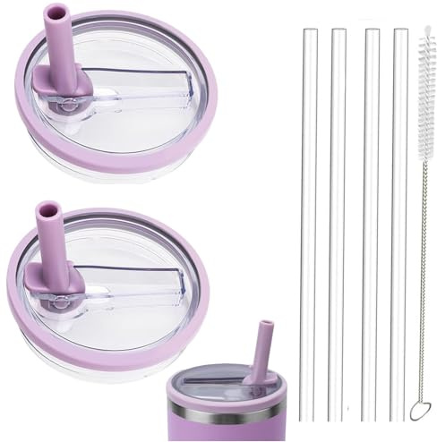 Paquete de 2 tapas de vaso de 1,2 l, resistentes a salpicaduras, reutilizable, con 4 popotes y 1 cepillo de limpieza (morado, 40 onzas)