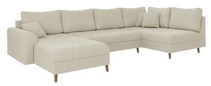 S-Style Möbel Ecksofa Eckcouch Sofa Couch Wohnlandschaft 6 Sitzer U Form Links Kratzfest Massivholzfüße Braun Freistehend Cord Stoff Milo Beige