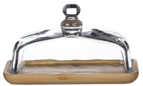 Reinscer Mantequera de bambú con tapa de cristal – Bandeja transparente para frigorífico y mostrador para mantequilla, queso crema y servir.