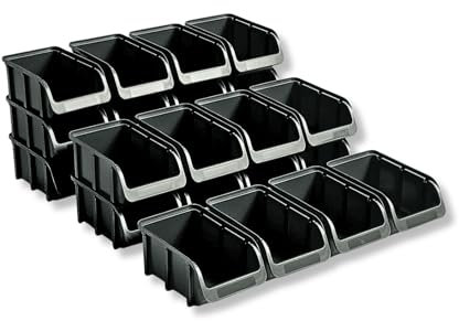 hünersdorff Lot de 24 boîtes de rangement empilables, taille 2, polypropylène (PP) incassable et recyclé, idéal pour les systèmes de rangement et de tri, les étagères, les rayonnages d'atelier, noir