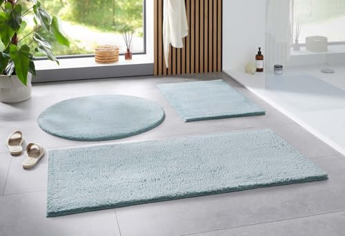 Taracarpet Badematte Uni Boho rutschfest, waschbar, Badezimmer-Teppich, Bad-Vorleger, WC Deko, Duschvorleger für Dusche und Badewannen weich und als Set kombinierbar Hell blau 050x080 cm