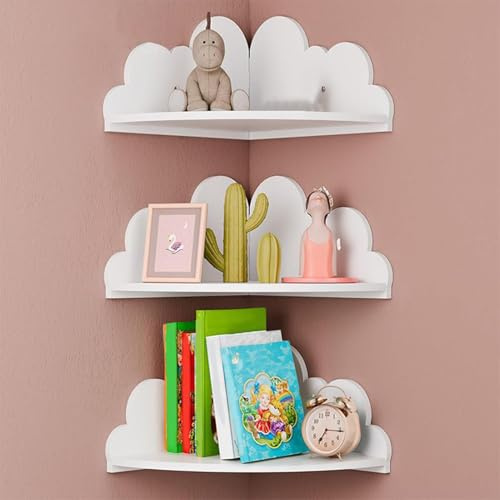 Set Of 3 Corner Floating Shelves, Cute White Wooden Cloud Corners Shelves, Cloud Floating Corner Shelve,Small Cute Display Shelf Mounted For Toys, Plants & Storage For Bedroom, Living Room, Baby Room