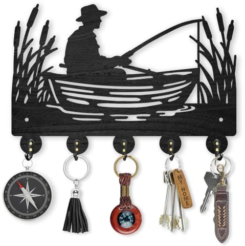 MAYJOYDIY Porte Clés Mural en Bois en Forme de Bateau de Pêche 30 x 20cm Motif Lac de Roseaux avec 5 crochets en Alliage Idéal pour L'Entrée la Cuisine le Bureau Ou la Chambre. Cadeau Parfait.