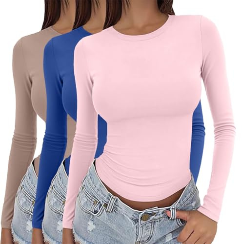 3 Pack Maglietta a Maniche Lunghe Da Donna Cashmere T-Shirt Tinta Unita Sottile Maglie Termiche Maglione Base Sottogiacca Comoda E Avvolgente Pullover Collo Alto Maglietta Costine Aderente Basic Tops