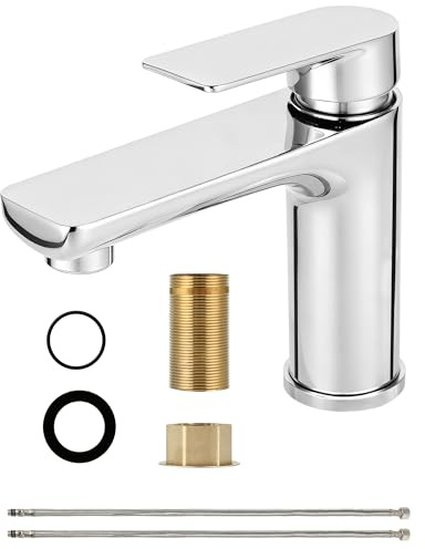 Rubinetto per bagno in acciaio inox - Miscelatore monocomando per lavabo - Rubinetto da bagno con tubo di collegamento da 60 mm, altezza di uscita 95 mm, rubinetteria per lavabo a risparmio energetico