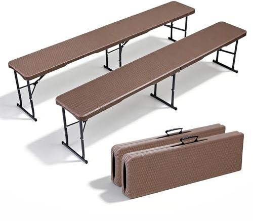 Set de 2 Bancos Plegables 180x28x43 cm, Banco Exterior Plegable Portátil en HDPE con Efecto Mimbre, 4 Cierres Seguridad, 300 kg, Banco Plegable Camping para Jardín Terraza