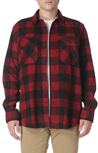 Wrangler Authentics Men's Long Sleeve Fleece Shirt Jacket Button, Red Buffalo Plaid, S