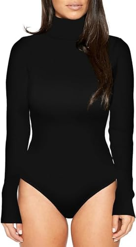 Sumtory Women's Stretchy Turtleneck Long Sleeve Bodysuits Basic Bodycon Leotard Black XL