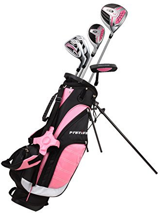 Precise XD-J Junior Complete Kids Golf Clubs Set - Boys & Girls Left Handed Golf Clubs for Kids w/Driver, Hybrid, Irons, Putter, Stand Bag & Headcovers - Youth Golfing Club Set for Ages 6-8 - Pink