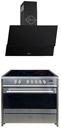 GURARI Herdset GCH E 912 X + GCH D 286 BL 9 Prime, Elektro Standherd 90 cm, Glaskeramik, Range Coocker, 121 L, Edelstahl + Dunstabzugshaube, Wandhaube 90 cm, Schwarzglas, Kopffrei Haube, Abluft/Umluft