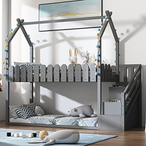 ZYLOYAL10 Hausbett mit 3 Treppe, mit 2 Schubladen, mit Zaun, Etagenbett, Kinderbett Keine Matratze(Gray)