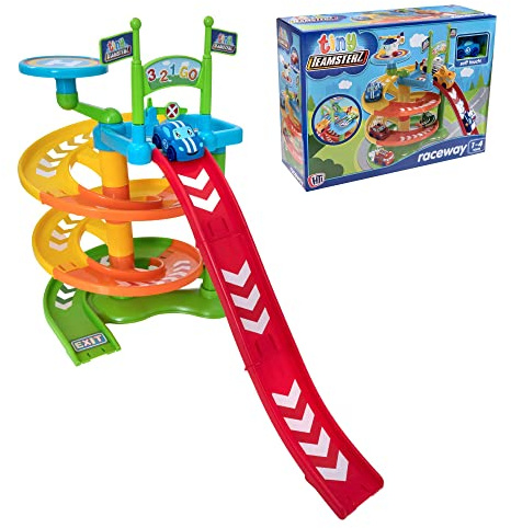 Tiny Teamsterz Raceway | Mit Hubschrauberlandeplatz, Parkplatz und Zwei verschiedenen Rampen für Spielzeugautos | Kinderspielset Spielzeugfahrzeuge Großartig | Ab 12 Monaten.