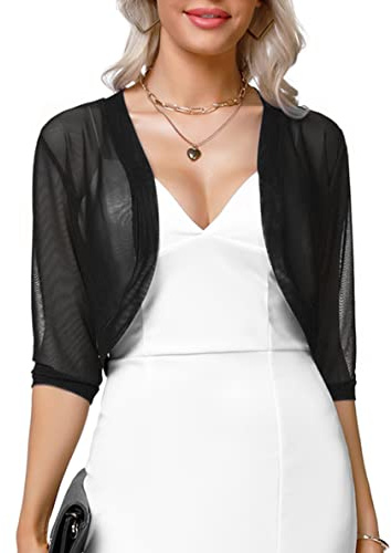 Aiboria Women 3/4 Sleeve Sheer Shrugs Open Front Mesh Bolero Cropped Cardigan Black S-XXL