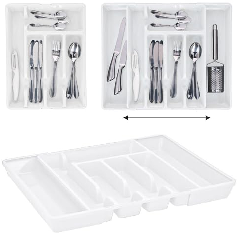 Murago - Besteckkasten Einsatz ca. 27-45 x 36 x 4,5 cm ausziehbar für Schubladen leer Weiß Ordnungssystem Organizer
